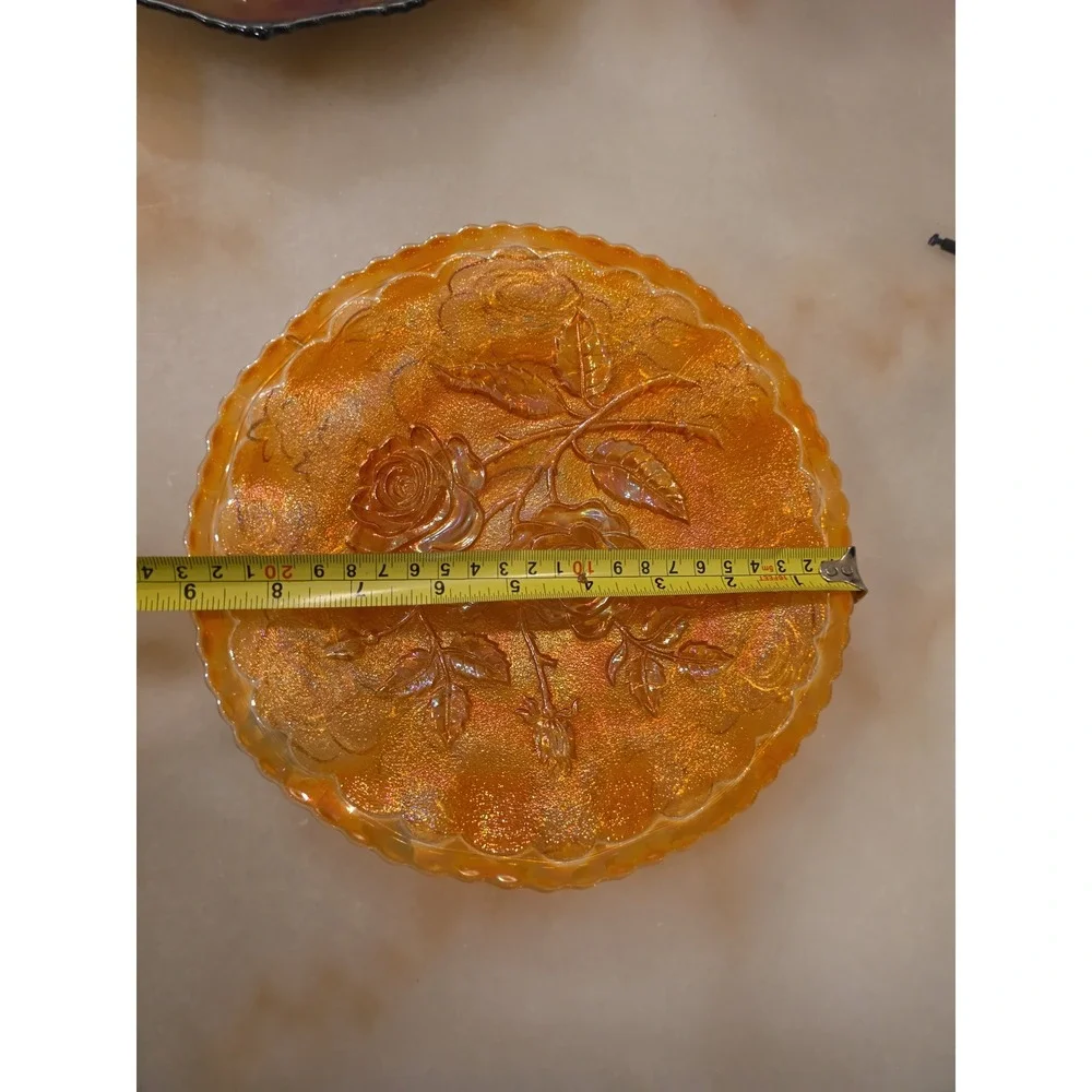 Vintage Carnival Glass Marigold Orange Iridescent Rose Plate and Ruffled Bowl